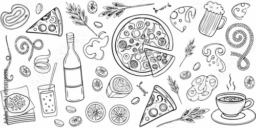 Doodle illustration featuring various food items including pizza drinks and citrus