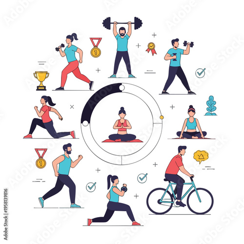 Diverse people engaged in various exercises and achieving fitness goals