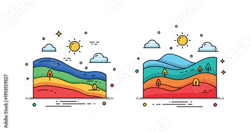 Colorful landscapes featuring layered rolling hills in bold contrasting tones, with a bright sun and small clouds creating a joyful and uplifting natural