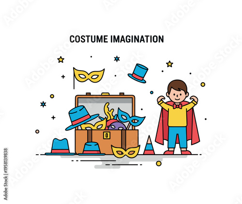 Costume imagination corner centered on a small open trunk filled with hats, masks, and playful costume pieces while a child tries on a magician cape. The