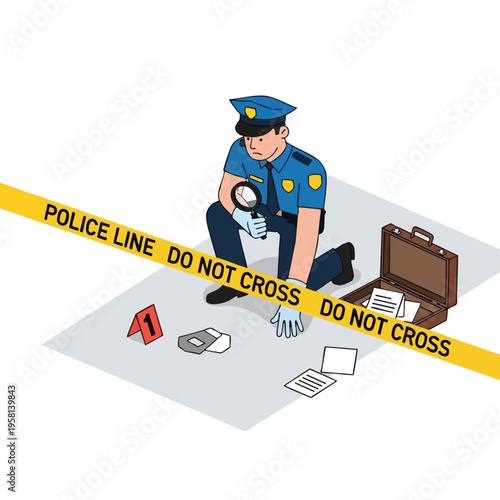 Cartoon policeman examines evidence at a crime scene marked by tape