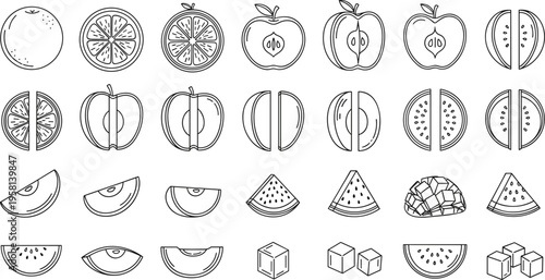 Fruit slices and cuts icons set with apple, orange, watermelon and cubes outline vector illustration collection