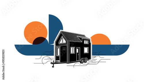 black-and-white tiny house on wheels as the main object, modern graphic collage with geometric circles and semicircles forming the sun and horizon, orange and