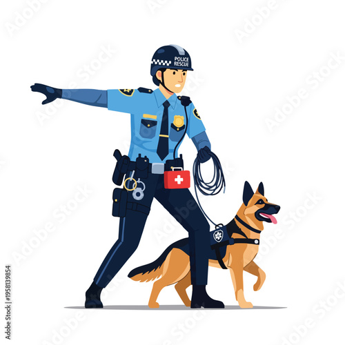 Officer with K9 partner gestures forward, ready for duty