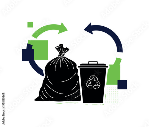 black-and-white garbage bag tied and placed beside a trash bin ready for replacement, circular arrows and geometric blocks indicating the cycle of cleaning,