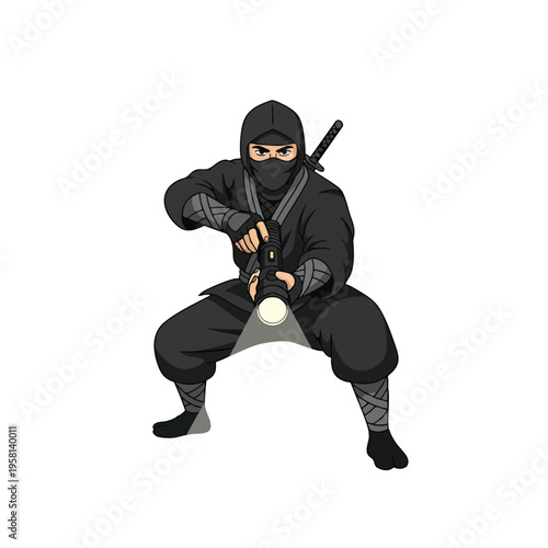 A stealthy figure in dark attire crouches, holding a flashlight illuminating the path