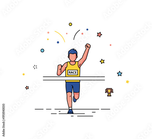 Race victory celebration concept centered on a runner raising one arm just after crossing the line with subtle confetti accents, expressing joy and success.