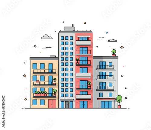 Residential high-rise living tall apartment buildings with balconies and windows forming a vertical neighborhood while a few tiny plants on balconies add