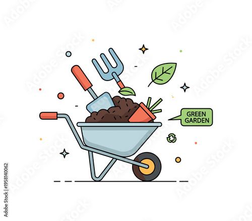 Wheelbarrow with compost gardening tool holding compost and plant scraps while a small leaf icon floats nearby. A tiny label Green Garden emphasizes eco