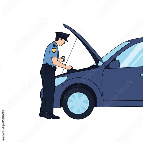 Officer examines car engine, holding small container