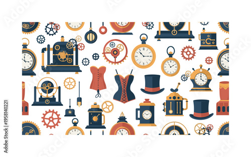 steampunk Victorian motifs seamless pattern, time machines, gears, clocks, pocket watches, corsets, top hats and steam devices arranged in a repeating pattern,
