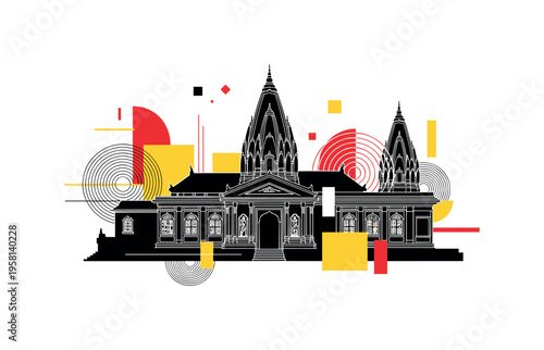 temple exterior with intricate carvings abstract semicircles lines and geometric blocks symbolizing cultural and religious architectural detail black and white