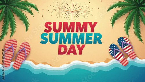 Summer day beach illustration with flip flops and palm trees vector