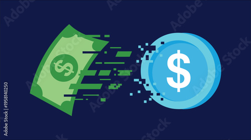 Digital money transfer vector illustration: green dollar bill converting to blue crypto coin with pixel effect