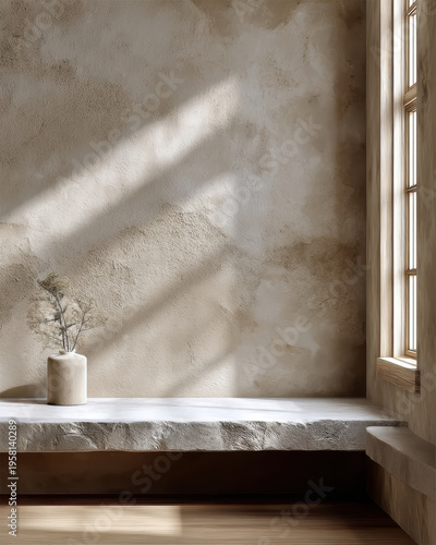 Minimalist interior with textured white plaster wall, natural light, stone bench, wooden floor, and simple vase creates calm, serene atmosphere