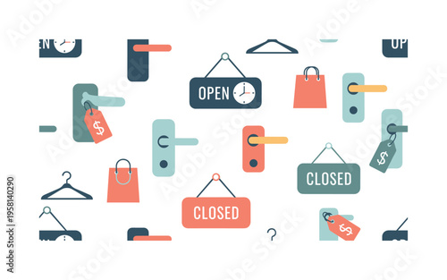 storefront open and closed signs with clocks door handles and simple shop icons stylized as friendly retail elements, flat vector smooth rounded geometry,