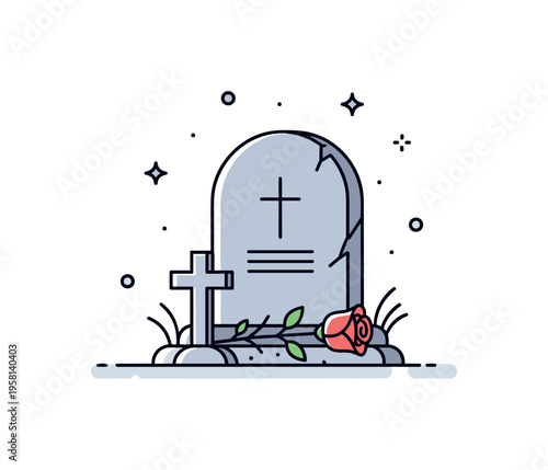 Gravestone memorial simple headstone standing on a small patch of ground with a cross and a single rose resting at its base. The scene communicates