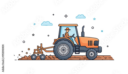 Agricultural machinery operation tractor moving through a cultivated field while a farmer works inside the cabin guiding the equipment. The composition