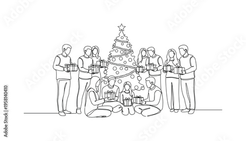 Christmas Celebration. Minimalistic one-line drawing family or friends giving and receiving gifts around a decorated tree, continuous single black line on