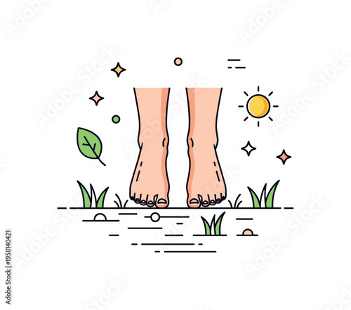 Grounding through nature connection featuring bare feet standing on simple grass shapes with a small leaf and sun icon nearby, expressing calm energy and