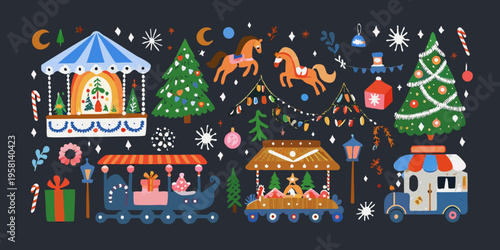 Festive winter scene depicting a christmas market with decorations