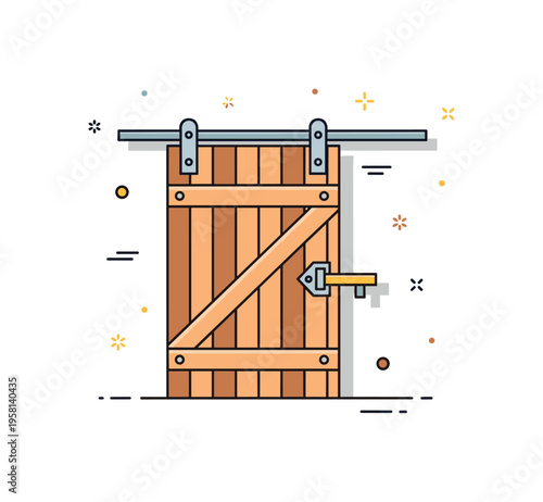 Farm storage barn door sturdy wooden sliding door with reinforced beams and a metal latch suggesting secure storage for farm tools and equipment.
