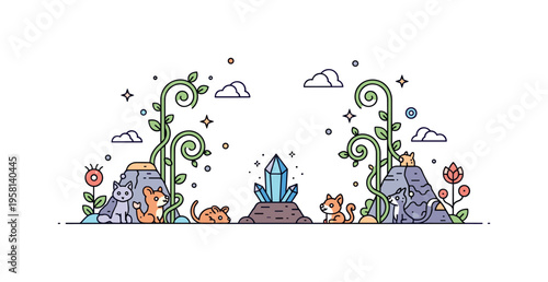 Mystical valley habitat centered on a glowing crystal sprouting from the ground while small enchanted animals gather among curling vines and unusual plants.