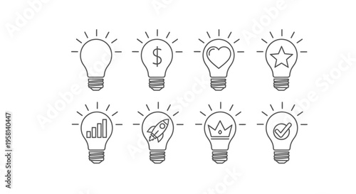 flat vector 8 Idea Lightbulb Icons isolated on White Background vector background, vector illustration