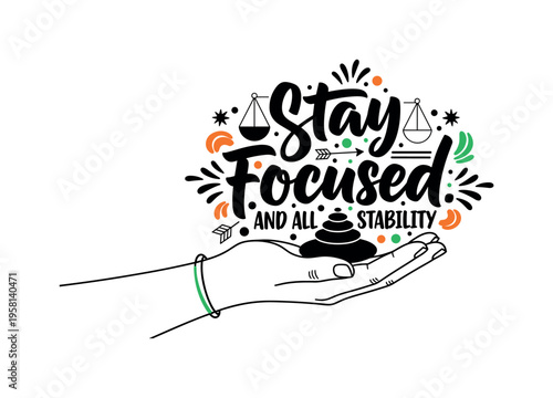 human palm holding small zen stone with balanced geometric circles and lines around symbolizing inner stability black and white retro hand object with white