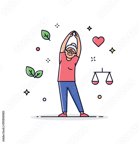 Healthy aging lifestyle senior practicing gentle stretching while small leaf and heart icons represent wellness and balance. Friendly concept highlighting