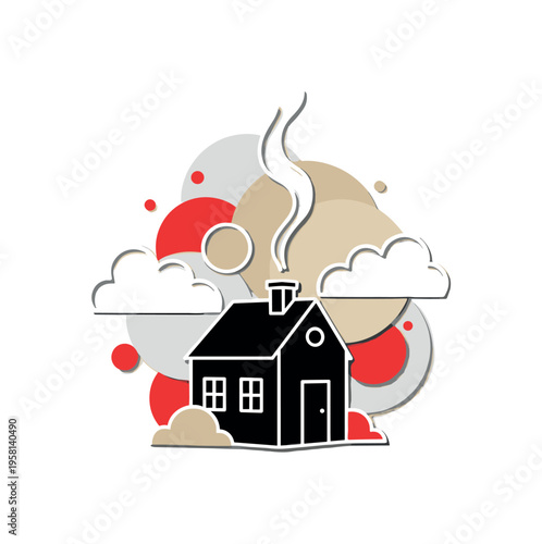 black-and-white tiny house with open door revealing simple interior, abstract rectangles and circles forming symbolic furniture shapes, deep blue and mustard