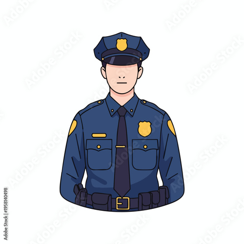 Uniformed individual in a dark blue police outfit with a cap and utility belt