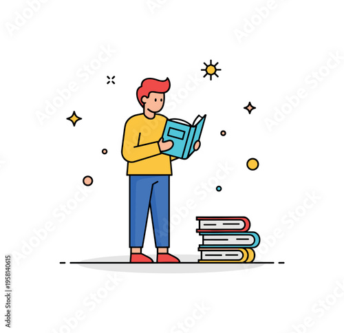Library reading scene with a person standing and holding a book while a small stack of books sits nearby. The composition suggests curiosity, learning and the