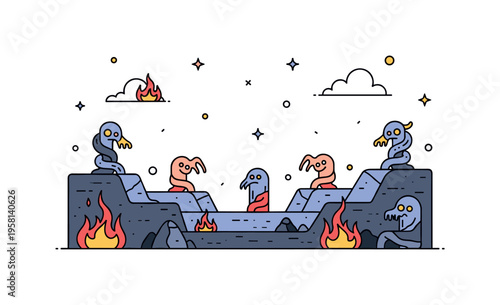 Infernal dreamscape featuring strange twisted figures scattered across a rugged burning landscape. The unsettling scene conveys mystery, tension and dark