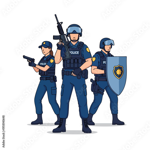 Three tactical officers in uniform with weapons and shield