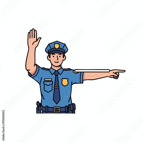 Cartoon policeman in blue uniform directs traffic with hand signals