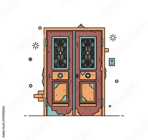 Vintage rusty door with decorative metal panels worn down by time and weather. Gentle visual metaphor of history and forgotten architecture preserved in aged