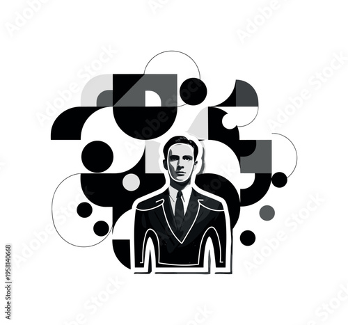 abstract thought bubbles surrounding figure, geometric semicircles circles and abstract shapes representing deep understanding, black and white retro realistic