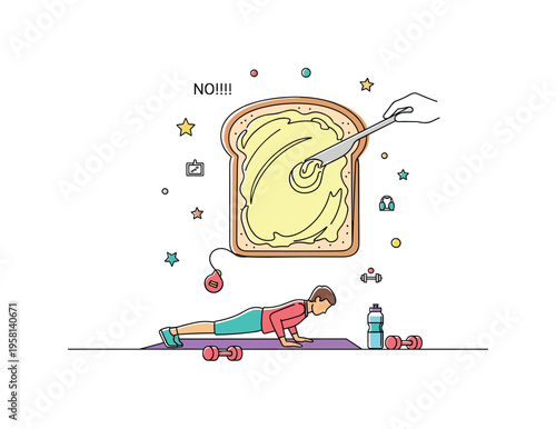 Buttered Breakfast Slice. Minimalistic one-line drawing slice of toast fully covered with butter being spread evenly, continuous single black line on white