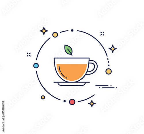 Mindful tea meditation single cup centered within a subtle circular outline and tiny leaf icon, suggesting calm breathing and inner balance. A peaceful