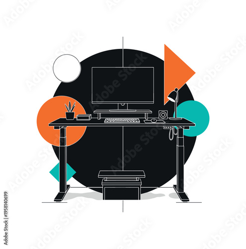 Black and white standing desk setup with monitor, keyboard, and footrest aligned symmetrically, oversized abstract circle anchoring the composition, vivid