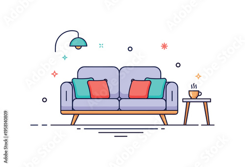 Modern sofa lounge a stylish couch with two cushions and a small side table holding a cup representing relaxation and quiet moments at home. Minimalist flat