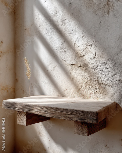 Minimalist wooden shelf sunlight shadow textured white plaster wall, rustic interior natural decor peaceful atmosphere