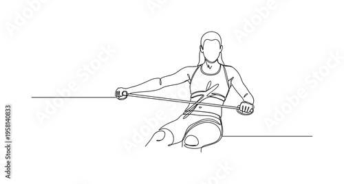 Core Exercise With Band. Minimalistic one-line drawing individual performing resistance band twist for abdominal workout, continuous single black line on white