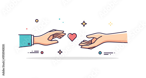 Human connection scene featuring two hands stretching toward each other with a small heart icon floating between them. The image conveys empathy, support and