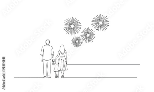 Independence Day Night. Minimalistic one-line drawing couple or family sharing a view of fireworks from a distance on a calm evening, continuous single black