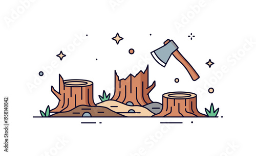 Deforestation impact concept featuring tree stumps on uneven ground with a subtle axe icon nearby, symbolizing environmental degradation and resource