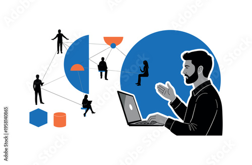 remote leadership challenge concept with a black and white leader figure speaking through a laptop to distant team members, cut-out photo style with white