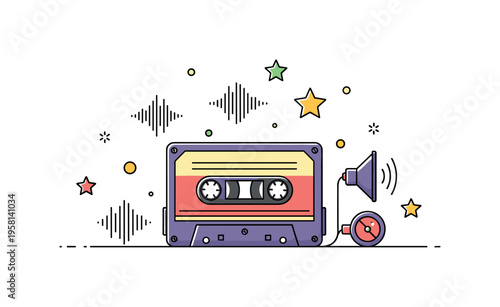 Retro cassette tape nostalgic music cassette with small sound wave icons and playful stars capturing the charm of analog audio culture. The scene evokes