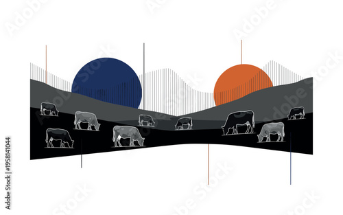 A monochrome valley scene with scattered grazing cows, bold overlapping circular and semicircular mountain forms creating depth, thin vertical and horizontal